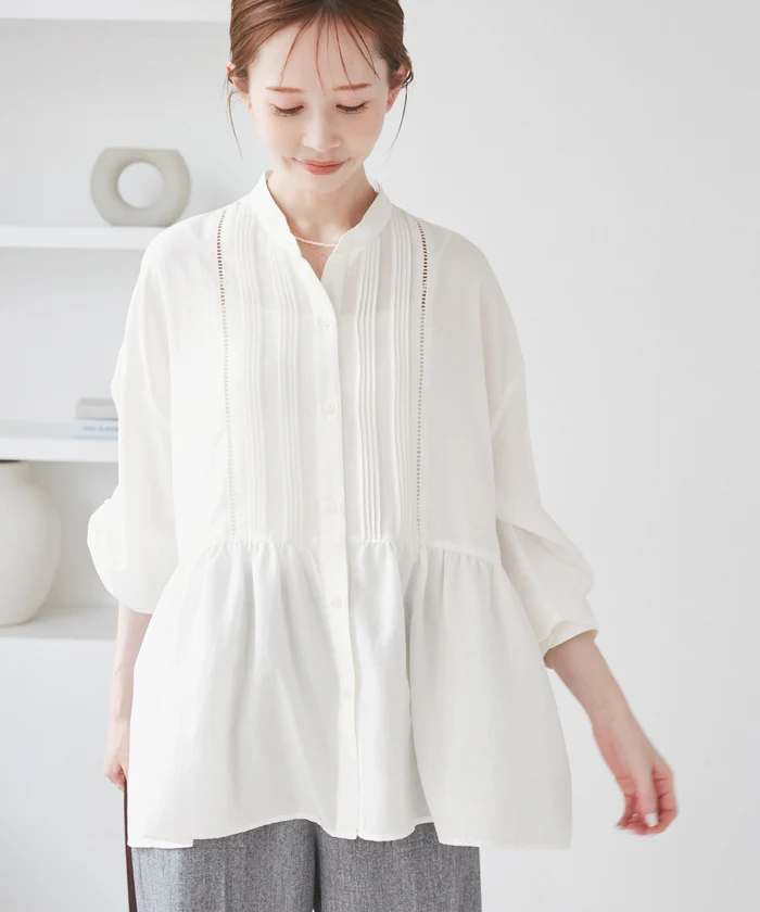 【UVケア・防シワ】羽織れるピンタックデザインペプラムシャツ