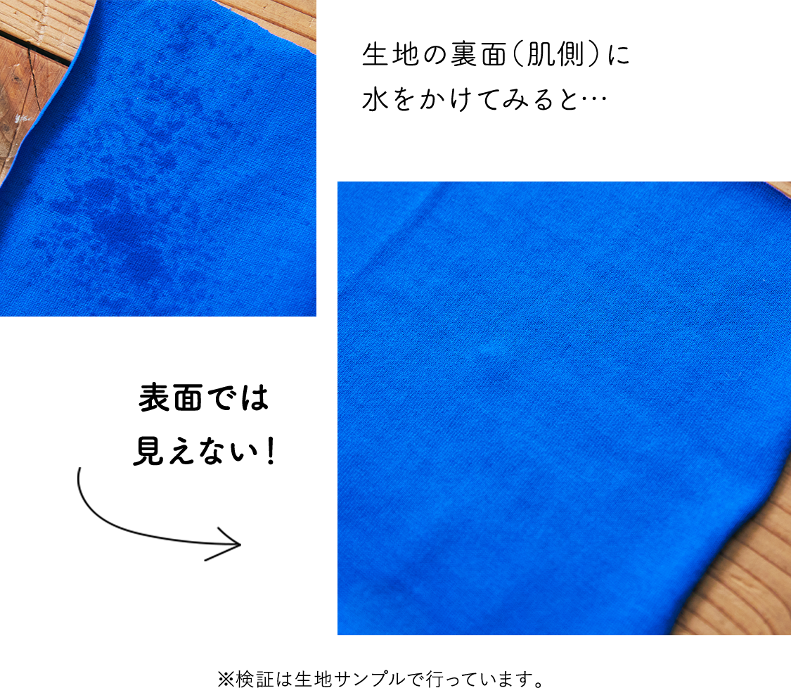 生地の内側に水をかけても表面では見えない！ ※検証は生地サンプルで行っています。
